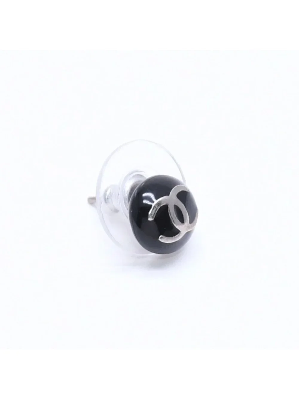 Chanel Button Earrings CC Logo Black Silver 03